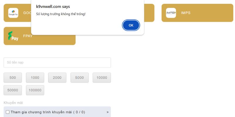 Điều kiện cần tuân thủ khi nạp tiền tại K9win
